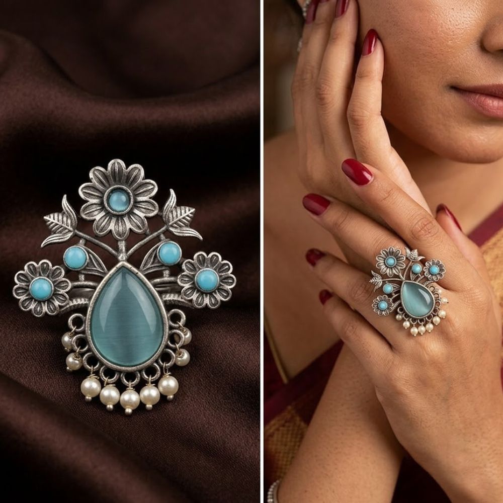 ECE BLUE FLORAL ADJUSTABLE RING