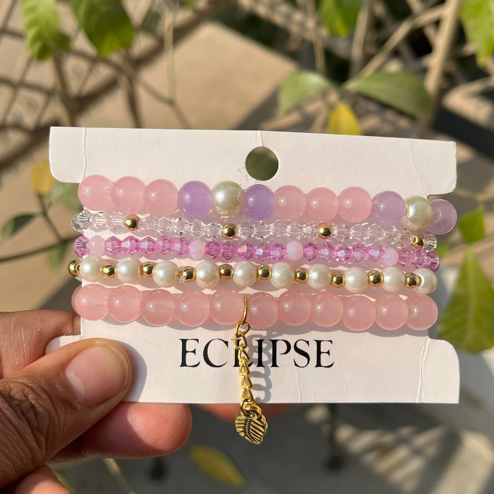 ECW VOGUE 5 LAYER STACKABLE BRACELET - Pink, Glass Beads image