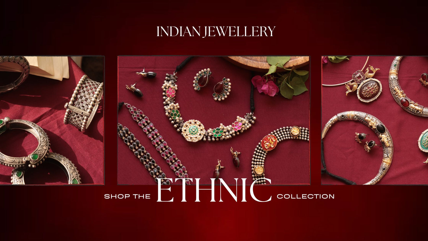 Indian jewellery collection with 'Ethnic' theme on a red background