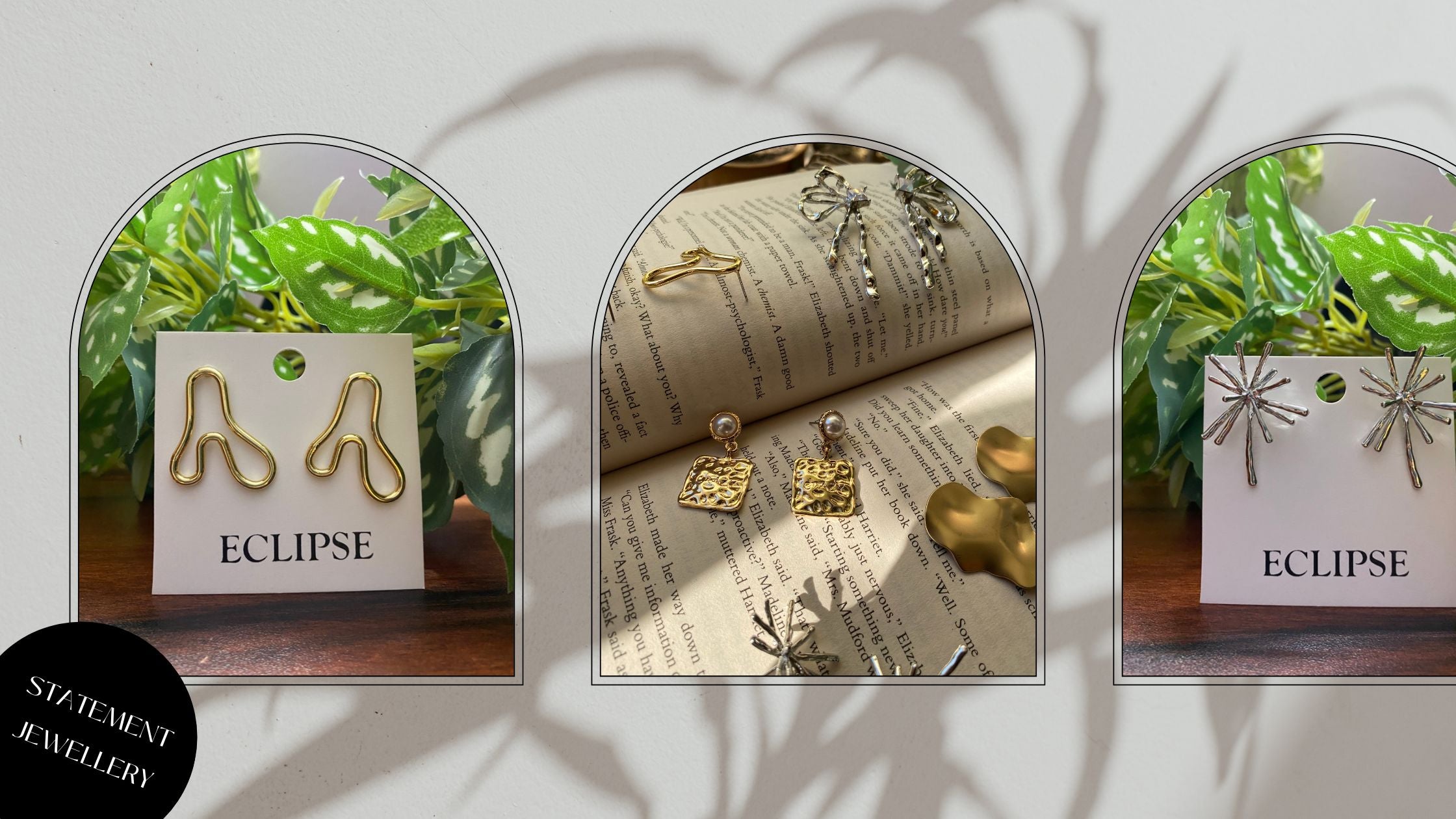 Gold earrings displayed on a card with 'Eclipse' branding, set against a natural background.