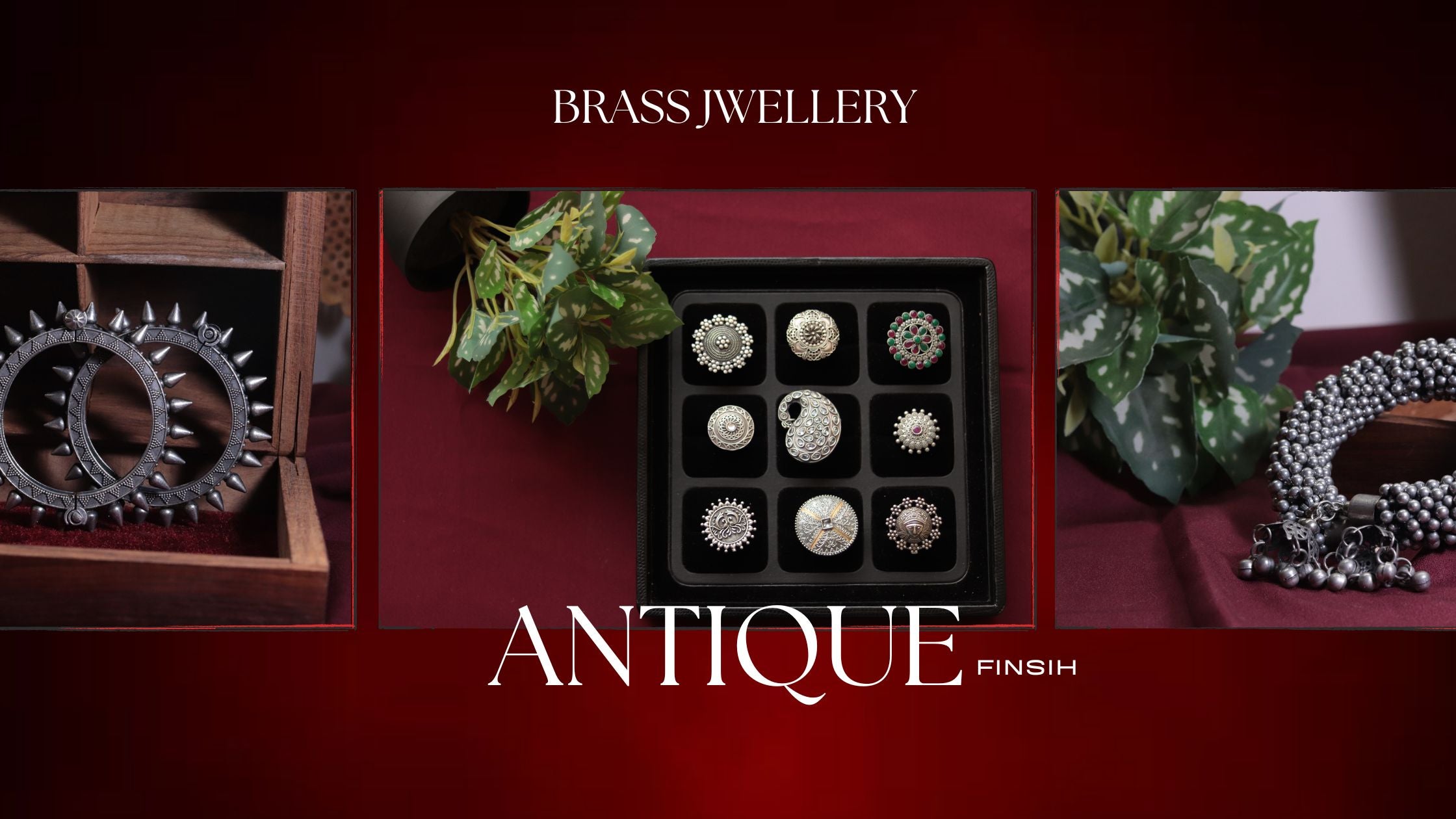 Brass jewellery set on a red background with 'Antique Finish' text.