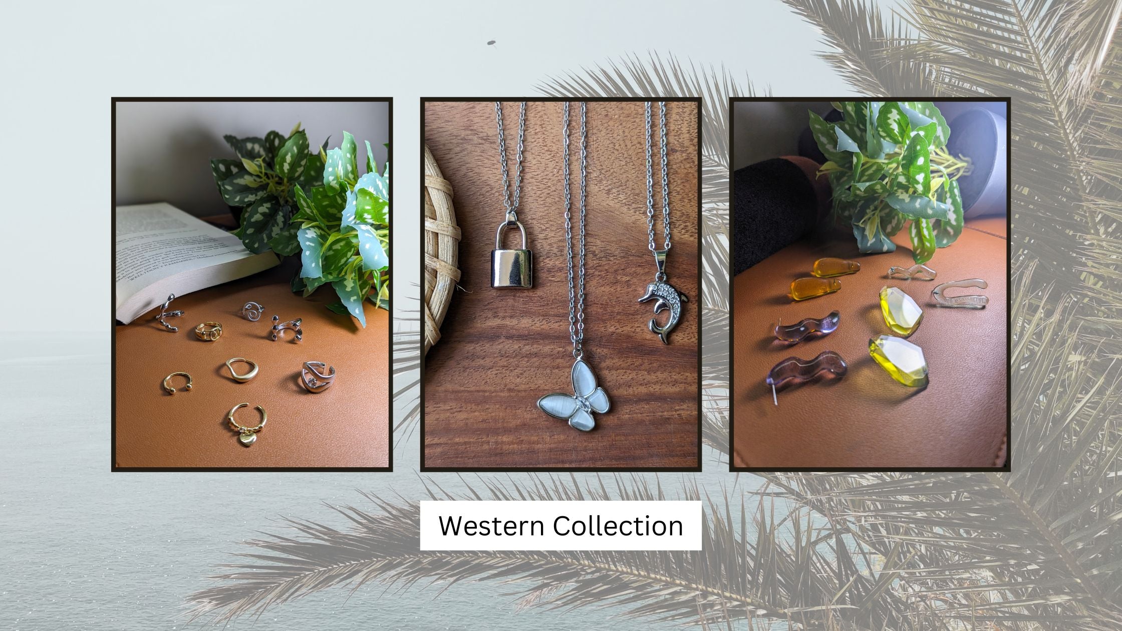 Jewelry collection with necklaces and earrings on a wooden surface, labeled 'Western Collection'.